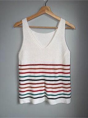 Women Knit Sweater Tank Top Small Striped V Neck Sleeveless Cotton Blend